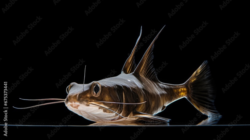 Poster a close up of a fish on a black background with a reflection of it's body in the water. generative a