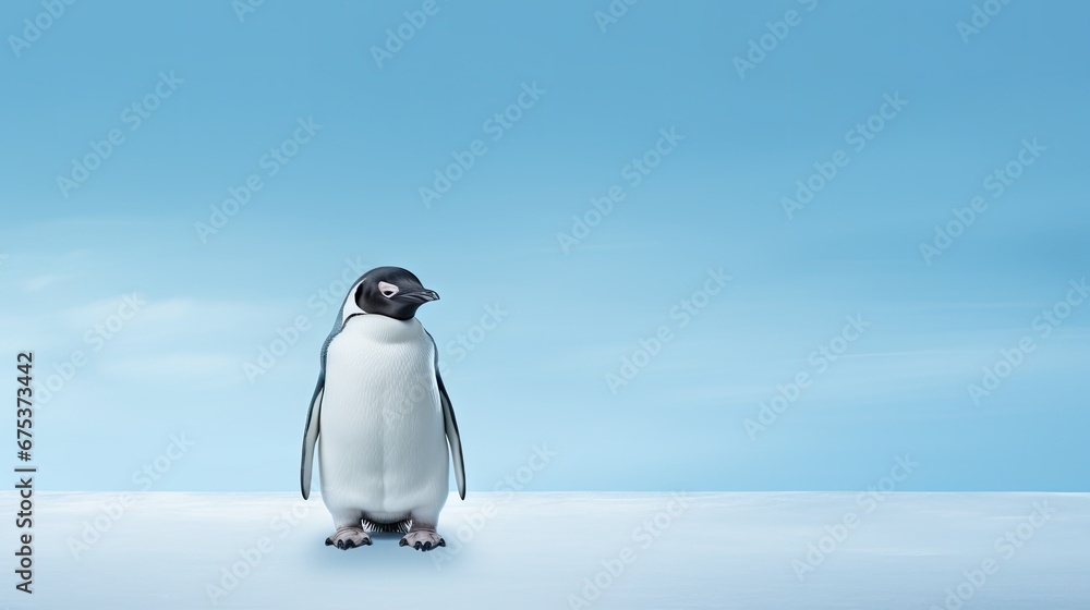 Poster a penguin is standing in the middle of a snow covered field with a blue sky and clouds in the backgr