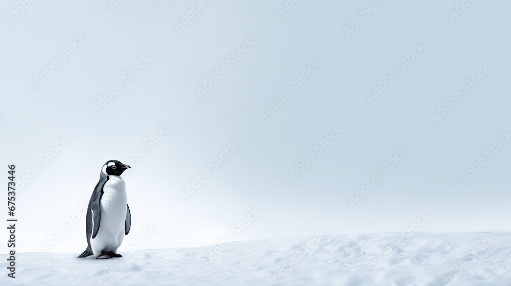 Poster a penguin standing in the middle of a snow covered field, looking up at something in the sky in the 
