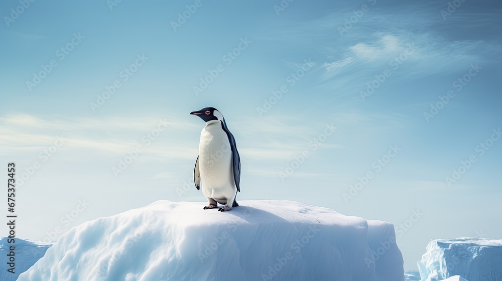 Poster a penguin standing on top of an iceberg in the middle of a blue sky with clouds in the background. g