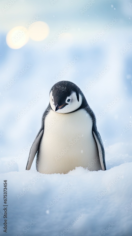 Poster a penguin is standing in the snow with it's head turned to the side and it's eyes open. generative a