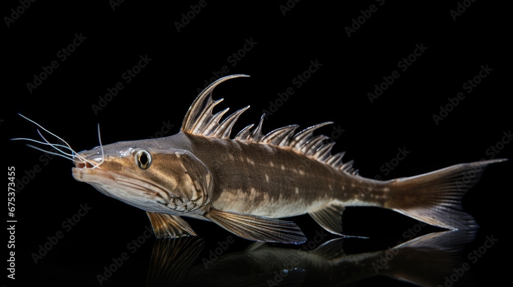 Poster a close up of a fish with its mouth open on a black surface with a reflection of its body in the wat