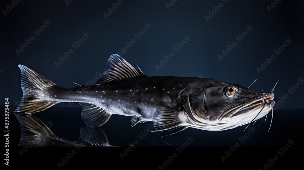 Poster a fish with its mouth open on a black surface with a reflection of it's body in the water. generativ