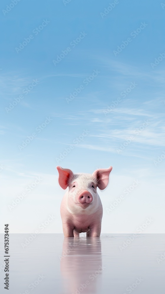 Poster a small pig standing in the middle of a body of water with a blue sky in the background and a few cl