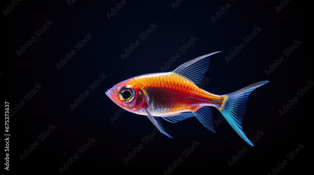 Poster a close up of a goldfish on a black background with a reflection of it's head in the water. generati