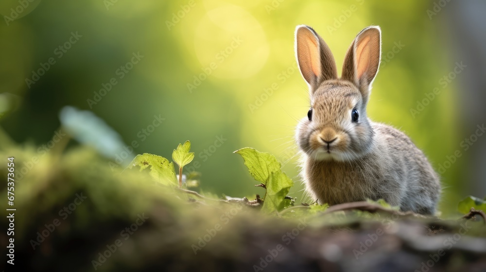 Poster a close up of a bunny rabbit in a field of grass with a leafy plant in the foreground. generative ai