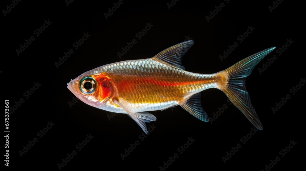 Poster a close up of a goldfish on a black background with a reflection of it's head in the water. generati