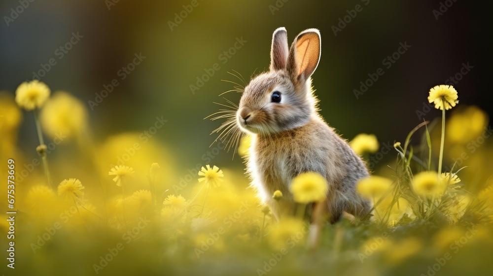Poster a rabbit sitting in the middle of a field of dandelions with a blurry background of yellow flowers. 