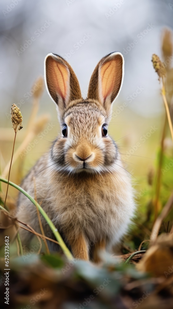 Poster  a close up of a rabbit in a field of grass with a blurry background and a blurry background.  generative ai