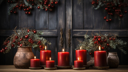 Wide luxury Xmas wallpaper banner in red and gold vibes with candles and Christmas light balls in rustic textured background    