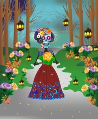 composition with a bride who has a colorful skull and is walking along a path through the forest