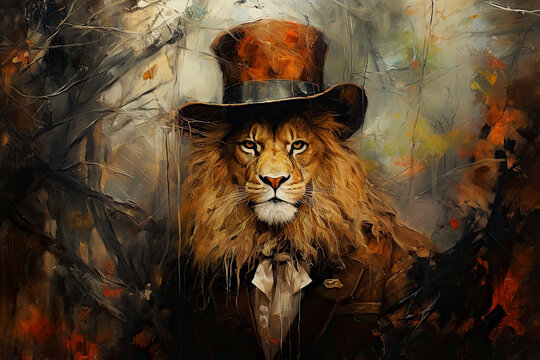 Lion in hat acrulic oil paint. Animal king in suit. Wildlife concept