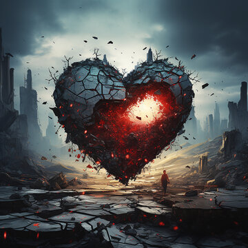 A pierced heart floating above a ruined city. Generative AI illustration.