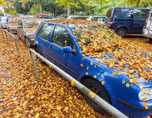 Beginning of fall, falling leaves and foliage on a car windshield - 675373822