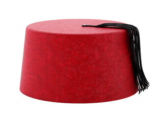 Red fez hat with black tassel. Transparent background. 3D illustration - obrazy, fototapety, plakaty