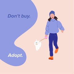 Young woman walking a dog, pet adoption concept