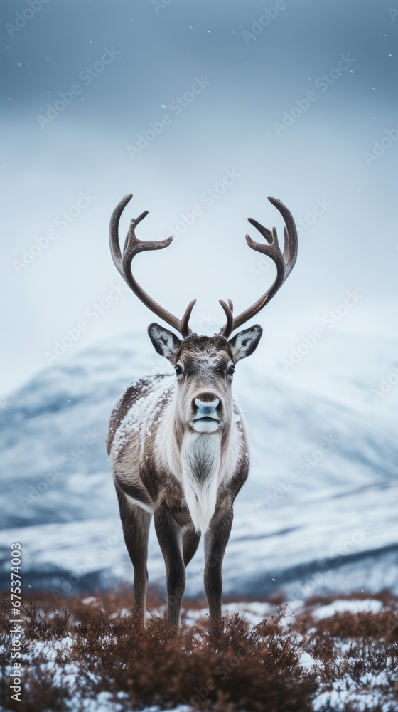 Poster a deer standing in the middle of a snow covered field with a mountain in the background with a sky f