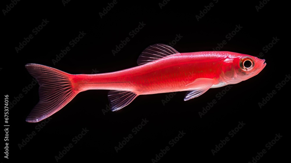 Poster a close up of a red fish on a black background with a reflection of it's head in the water. generati