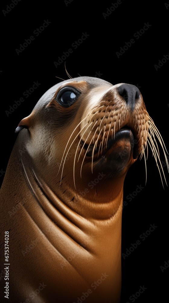 Poster a close up of a seal on a black background with a caption that reads, the seal is looking up at the 