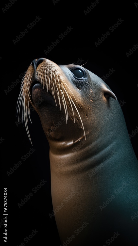Poster a close up of a seal on a black background with a black background and a black background with a sea
