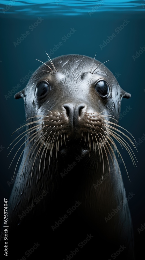 Poster a close up of a seal in the water with it's mouth open and it's eyes wide open. generative ai