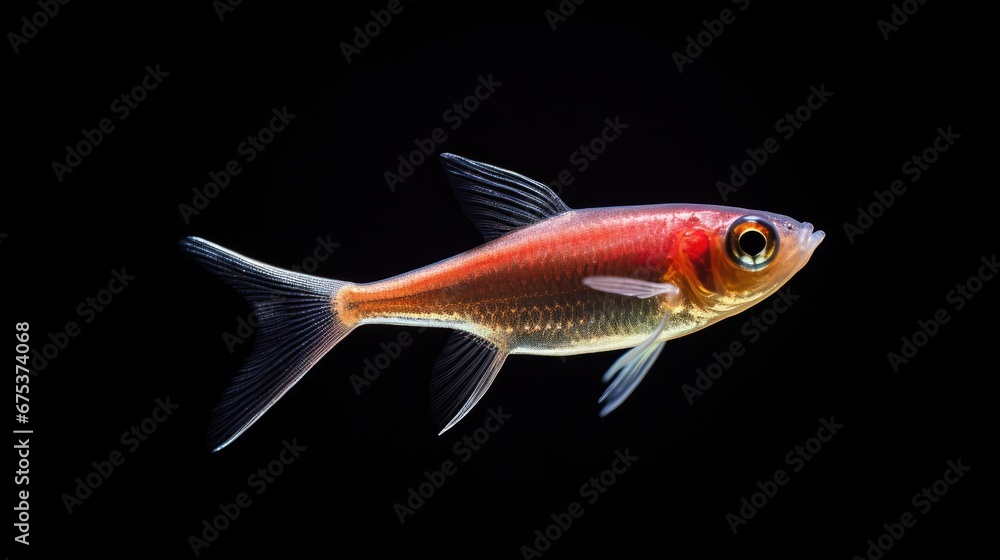 Poster  a close up of a goldfish on a black background with a reflection of it's head in the water.  generative ai