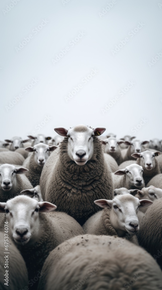 Poster a herd of sheep standing next to each other in the middle of a field of other sheep on a foggy day. 