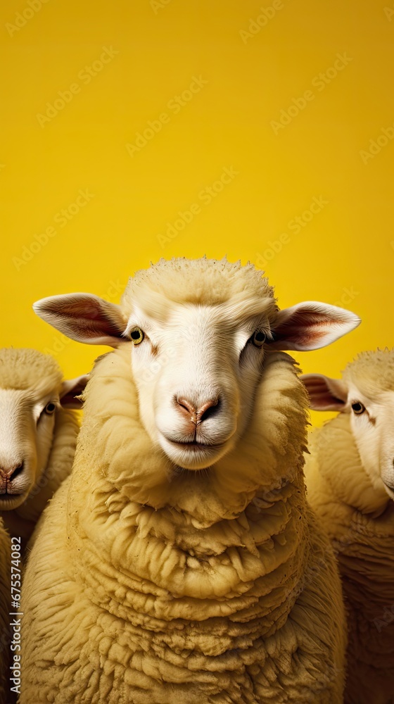 Poster a group of sheep standing next to each other in front of a yellow background with one looking at the