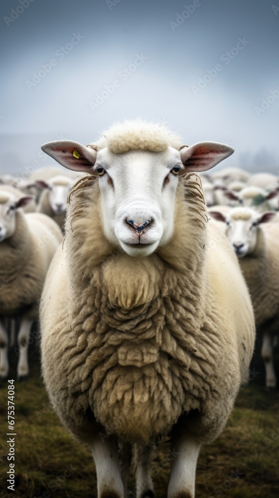 Poster a herd of sheep standing next to each other on a lush green field with a dark sky in the background.