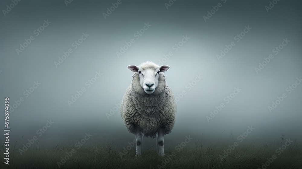 Poster a sheep standing in the middle of a field on a foggy day with a dark sky in the background. generati