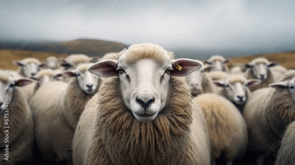 Poster a herd of sheep standing next to each other on top of a grass covered field in front of a cloudy sky