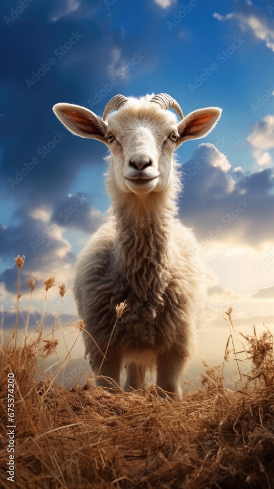 Poster a sheep standing in the middle of a dry grass field under a cloudy blue sky with a few clouds in the
