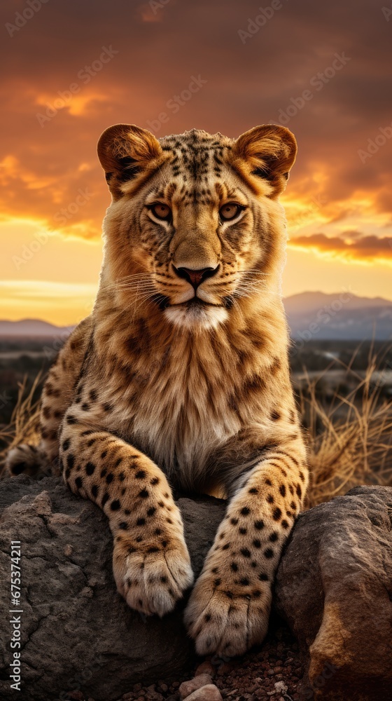 Poster a cheetah sitting on top of a rock with a sunset in the background and clouds in the sky. generative