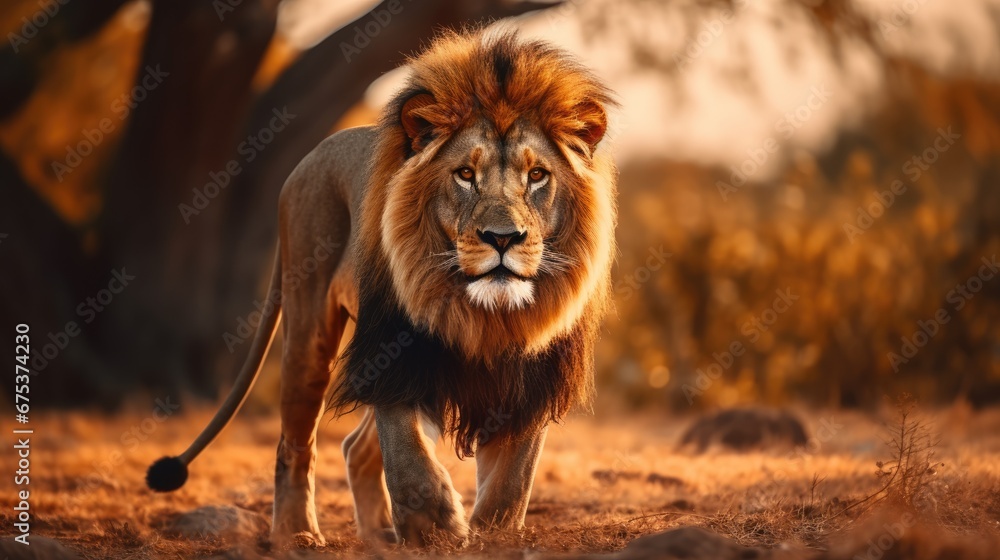 Aufkleber a close up of a lion walking in a field with trees in the background and a sky in the background. ge
