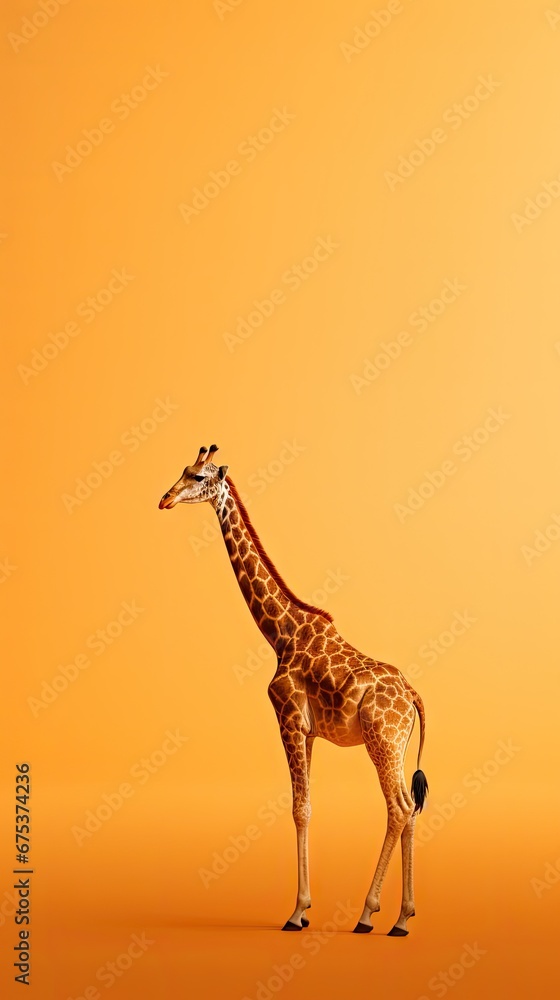 Poster a giraffe standing in the middle of an orange background with a smaller giraffe in the foreground. g