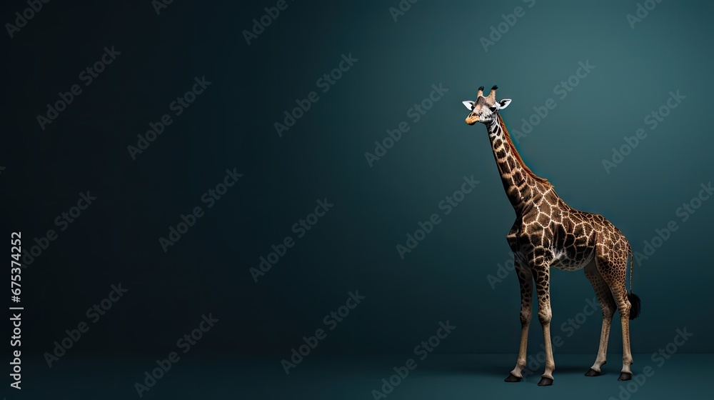 Poster a giraffe standing in the middle of a dark room with its head turned to the side and it's head turne