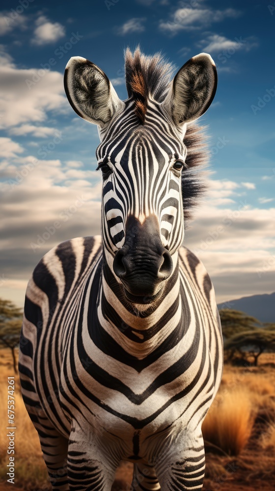Poster a close up of a zebra on a field with a sky in the back ground and clouds in the background. generat