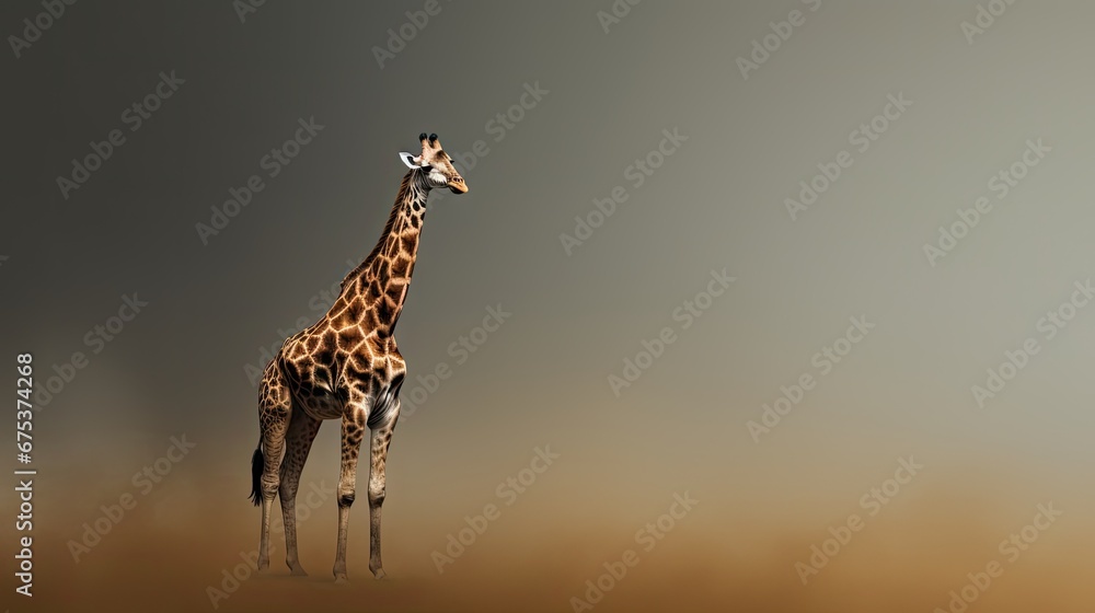 Poster a giraffe standing in the middle of a foggy field with its head turned to the side and it's neck to 
