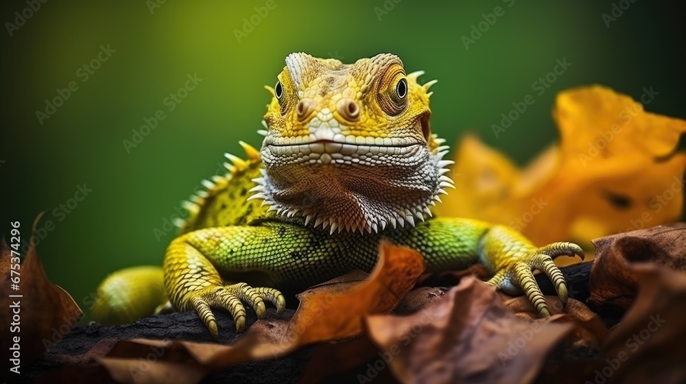 Aufkleber a close up of a lizard on a branch with leaves in the foreground and a green back ground in the back