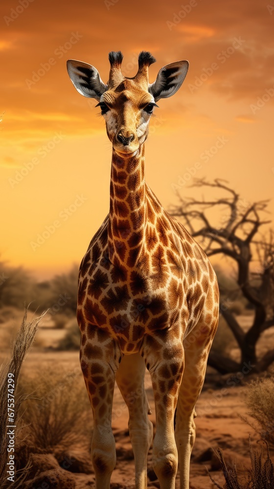 Poster a giraffe standing in the middle of a desert with a sunset in the background and a tree in the foreg