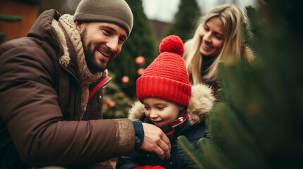 Fototapeta premium Family choosing a Christmas tree at the farm
