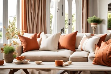 Fabric Sofa Adorned with Elegant White and Terra Cotta Pillows, Embodies the Essence of French Country Charm in a Modern Living Room with Timeless Home Interior Design.