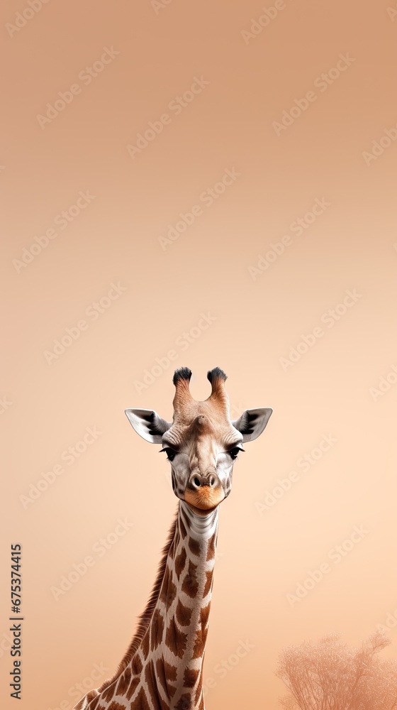 Poster a giraffe standing in the middle of a field with a tree in the background and a pink sky in the back