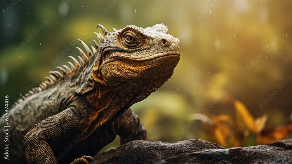 Poster a close up of an iguana on a rock in the rain with a blurry background of leaves. generative ai
