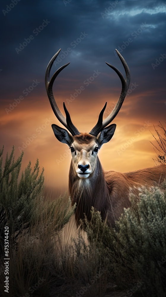 Poster a large antelope standing in a field of tall grass under a cloudy sky with a full moon in the backgr