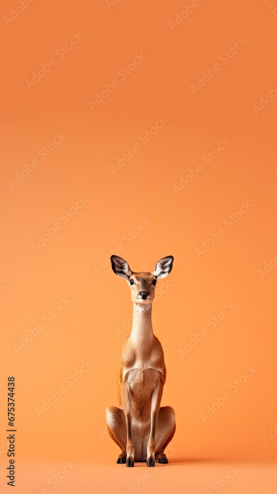 Poster a small deer sitting in front of an orange background with a small deer sitting in front of an orang