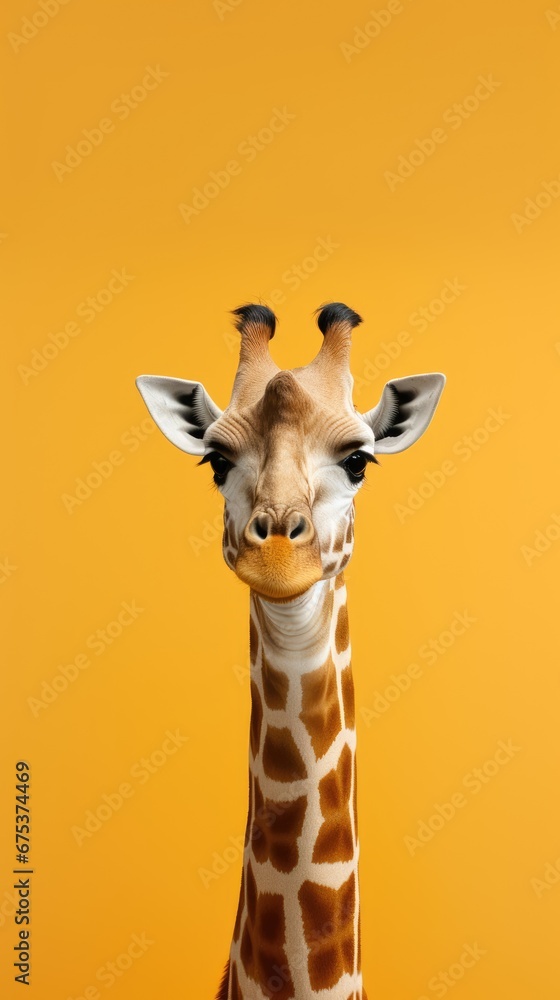 Poster a close up of a giraffe's face on a yellow background with a yellow background behind it. generative