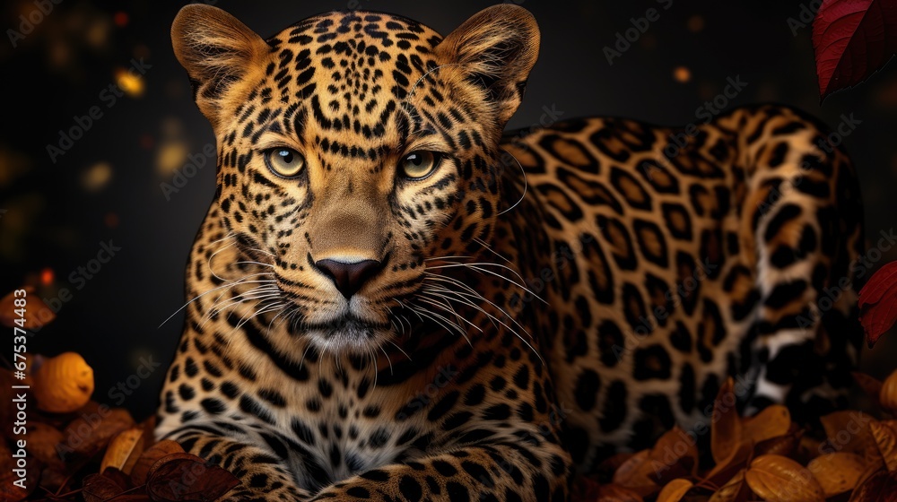 Poster a leopard laying on top of a pile of leaves in a dark background the leopard is in the center of the