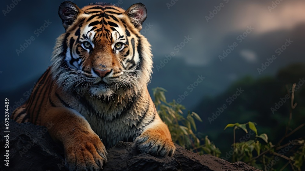 Poster a close up of a tiger laying on a rock in a field of grass and trees with a dark sky in the backgrou