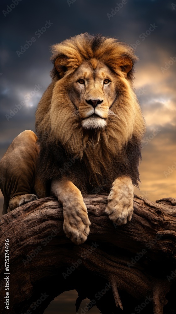 Aufkleber a close up of a lion on a tree branch with a cloudy sky in the background of the picture. generative